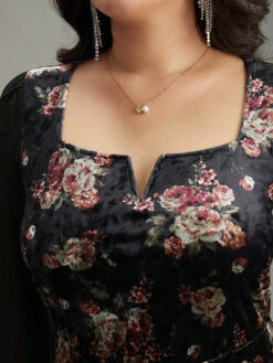 Velvet Floral Notched Ruffles Mermaid Hem Dress -Bloomchic Shop 686183171 rc