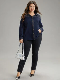 Shirt Collar Patchwork Textured Buckle Up Blouse -Bloomchic Shop 686990142 bs