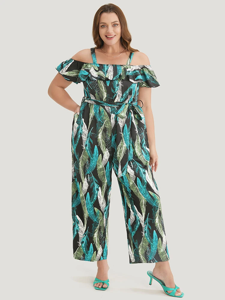 Tropical Cold Shoulder Pocket Belted Ruffle Trim Jumpsuit 5 Tropical Cold Shoulder Pocket Belted Ruffle Trim Jumpsuit - Image 3