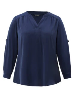 Static-Free Solid Gathered Tab Sleeve Blouse -Bloomchic Shop 688577345 fk 38abdf60 2e8c 45eb bfcf 98640f90a333