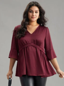 Anti-Wrinkle V Neck Gathered Ruffle Sleeve Blouse