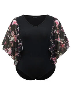 Floral Print Patchwork Mesh Asymmetrical Sleeve Bodysuit -Bloomchic Shop 69008099 jm