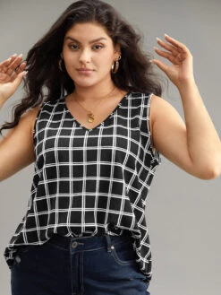 Gingham Print V Neck Tank Top -Bloomchic Shop 690524774 hi