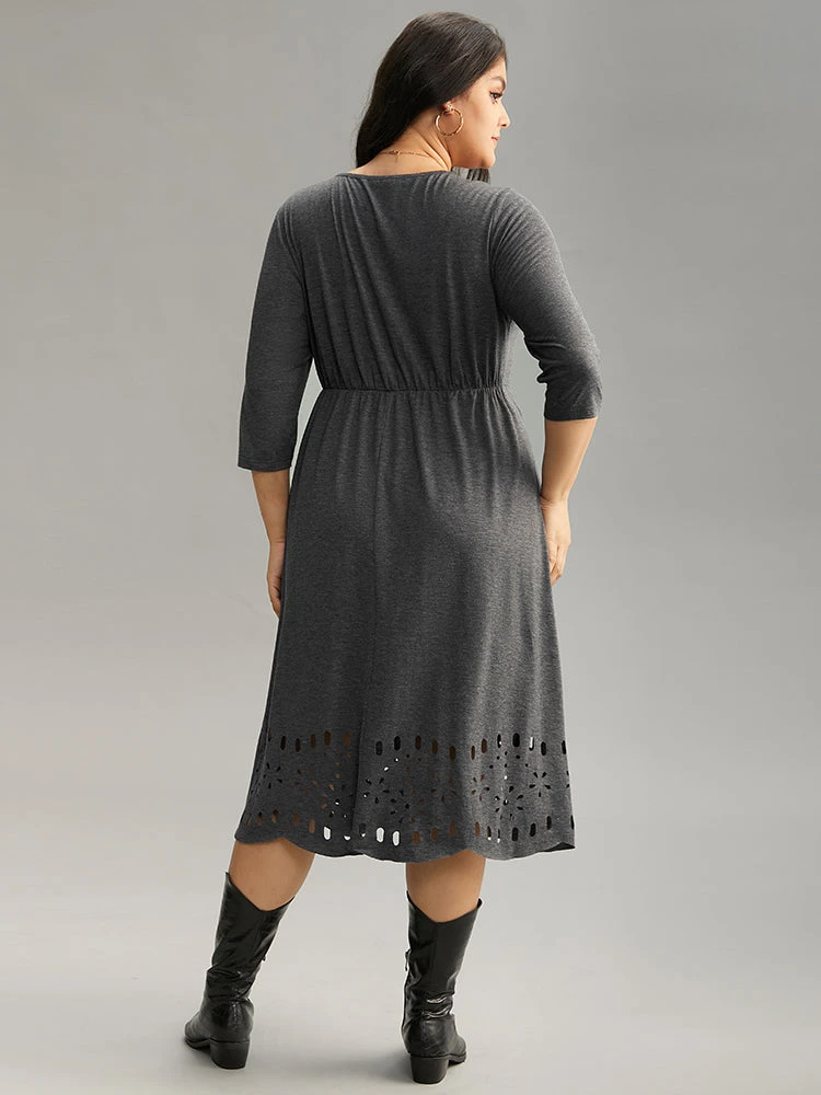 Plain Elastic Waist Laser Cut Crew Neck Dress 4 Plain Elastic Waist Laser Cut Crew Neck Dress - Image 2