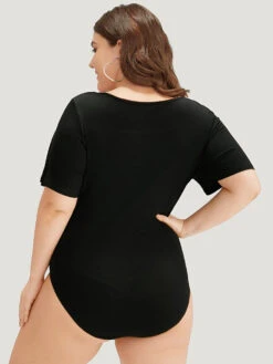 Rib Knit Asymmetrical Neck Short Sleeve Bodysuit -Bloomchic Shop 69191394 ra