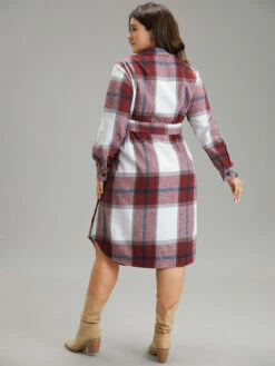 Plaid Shirt Collar Button Through Belted Dress -Bloomchic Shop 693449291 ge