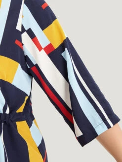 Geometric Contrast Drawstring Button Up Blouse -Bloomchic Shop 693931000 kw