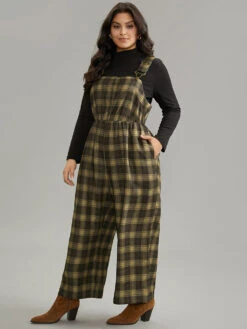 Plaid Adjustable Straps Pocket Elastic Waist Jumpsuit -Bloomchic Shop 693978259 eo