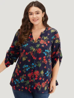 Floral Print Notched Tab Sleeve Blouse -Bloomchic Shop 694844730 xx