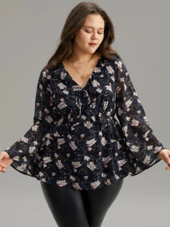 Ditsy Floral Ties Ruffles Elastic Waist Blouse