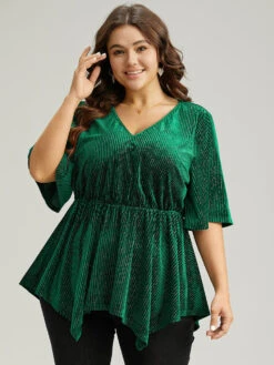 Velvet Elastic Waist Ruffle Sleeve Hanky Hem Blouse -Bloomchic Shop 697457859 mk