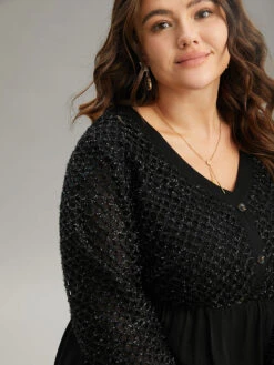 Glitter Mesh Patchwork Lantern Sleeve Blouse -Bloomchic Shop 697476570 og