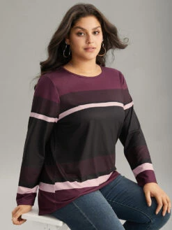 Striped Colorblock Contrast Round Neck T-shirt -Bloomchic Shop 698716090 mn