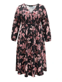 Floral Lantern Sleeve Belted Overlap Collar Dress -Bloomchic Shop 698789102 iq