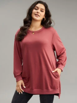 Solid Rib Knit Hem High Low Hem Sweatshirt