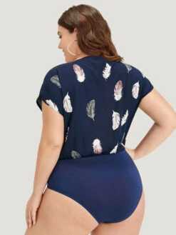 Feather Print Keyhole Batwing Sleeve Bodysuit -Bloomchic Shop 700921117 rx