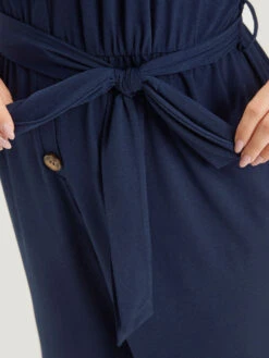 Solid Button Up V Neck Belted Gathered Flutter Sleeve Jumpsuit -Bloomchic Shop 70239974 as