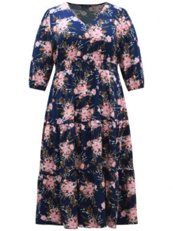 Floral Print Shirred Elastic Cuffs Dress -Bloomchic Shop 703560929 ak