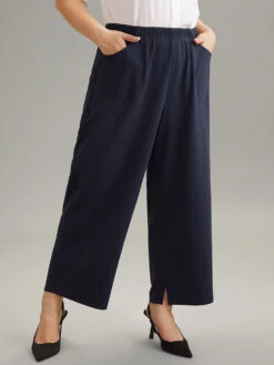 Solid Wide Leg Elastic Waist Pants -Bloomchic Shop 704641808 yv
