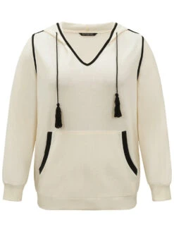 Contrast Hooded Tassel Trim Knit Sweatshirt -Bloomchic Shop 705021779 um