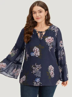 Floral Print Knot Neck Frill Trim Mesh Bell Sleeve Blouse -Bloomchic Shop 705245477 fz b291b5fc ddc3 4a2a b573 dbac02eb3ad6