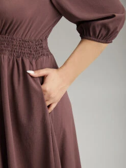 Solid Notched Lantern Sleeve Shirred Dress -Bloomchic Shop 705265229 ze