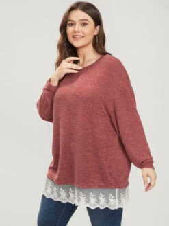 Solid Round Neck Lace Hem Long Tee -Bloomchic Shop 70647497 yv