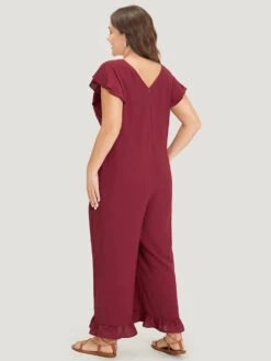 Plain Ruffle Cap Sleeve V Neck Zipper Jumpsuit -Bloomchic Shop 706910820 rr