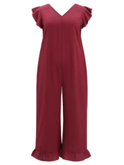 Plain Ruffle Cap Sleeve V Neck Zipper Jumpsuit -Bloomchic Shop 707040982 qt