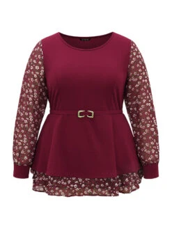 Ditsy Floral Patchwork Layered Metal Buckle Detail Blouse -Bloomchic Shop 707223364 ex