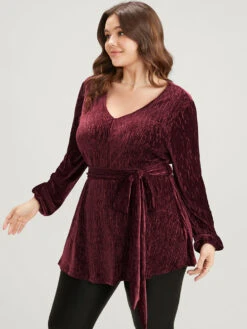 Glitter Textured Lantern Sleeve Belted Ruffle Blouse 11 Glitter Textured Lantern Sleeve Belted Ruffle Blouse -Bloomchic Shop 707487686 tx