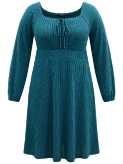 Rib Knit Ties Square Neck Lantern Sleeve Dress -Bloomchic Shop 707675384 yw