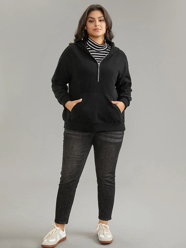 Solid Half Zip Kangaroo Pocket Thick Teddy Sweatshirt 5 Solid Half Zip Kangaroo Pocket Thick Teddy Sweatshirt - Image 3