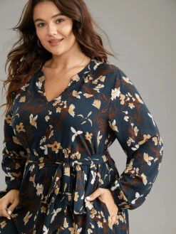 Floral Print Notched Belted Lantern Sleeve Dress -Bloomchic Shop 708649660 bu