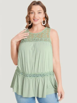 Plain Contrast Lace Mesh Ruffle Hem Tank Top -Bloomchic Shop 710310573 fq