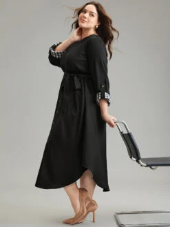 Gingham Notched Belted Curved Hem Tab Sleeve Dress -Bloomchic Shop 710586937 il