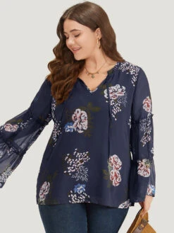 Floral Print Knot Neck Frill Trim Mesh Bell Sleeve Blouse -Bloomchic Shop 712490388 jk 0c790949 c698 4ad4 8c10 7cbad8d48383