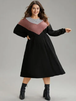 Colorblock Waffle Knit Pocket Drop Shoulder Dress -Bloomchic Shop 712566547 gk