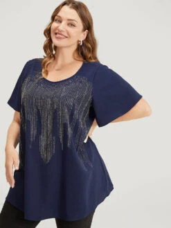 Plain Rhinestones Detail Ruffles Sleeve Blouse -Bloomchic Shop 713118428 uh