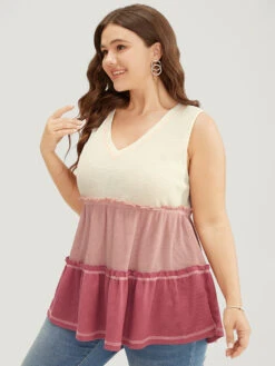 Colorblock Contrast Frill Trim Ruffle Tiered Waffle Knit Tank Top -Bloomchic Shop 713217857 fa