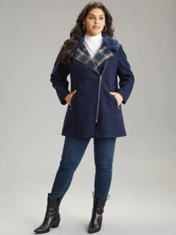 Plaid Asymmetrical Lapel Collar Patchwork Fuzzy Trim Coat -Bloomchic Shop 713302364 lg