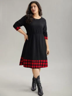 Plaid Patchwork Round Neck Elastic Waist Dress