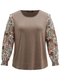 Floral Print Shirred Cuffs Ruffle Trim T-shirt -Bloomchic Shop 714556704 xw