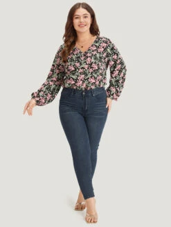 Floral Print V Neck Elastic Waist Lantern Sleeve Bodysuit 13 Floral Print V Neck Elastic Waist Lantern Sleeve Bodysuit -Bloomchic Shop 714762995 wg