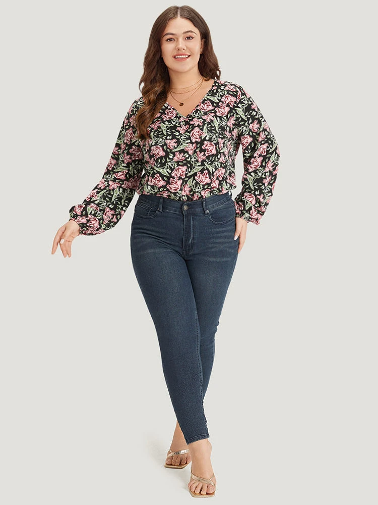 Floral Print V Neck Elastic Waist Lantern Sleeve Bodysuit 7 Floral Print V Neck Elastic Waist Lantern Sleeve Bodysuit - Image 5