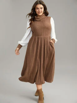 Rib Knit Patchwork Pocket Turtle Neck Dress -Bloomchic Shop 714847858 nw
