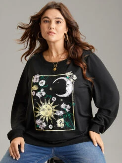 Horoscope Print Rib Knit Round Neck Sweatshirt