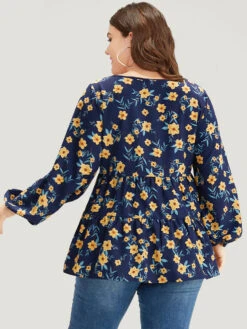 Floral Print Lantern Sleeve Gathered Blouse -Bloomchic Shop 715820887 pi