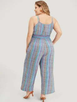 Striped Contrast Buckle Detail Pocket Shirred Jumpsuit -Bloomchic Shop 716331624 ab