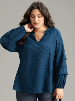 Plain Textured Cut Out Frill Trim Lantern Sleeve Blouse -Bloomchic Shop 718047127 op 76a618a7 3ca7 4591 81a6 20d4e5447248